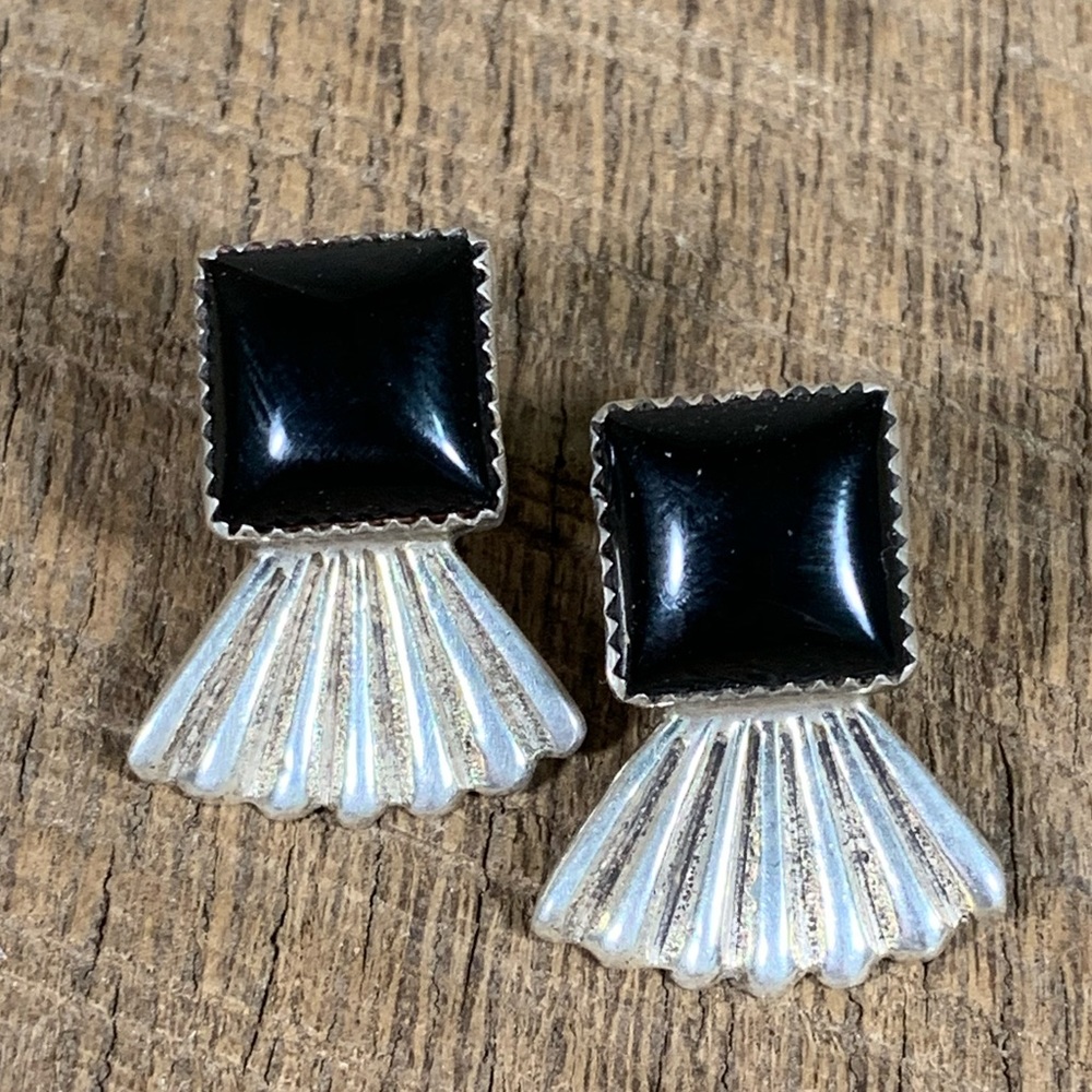 Navajo Sterling Silver Onyx Fan Earrings